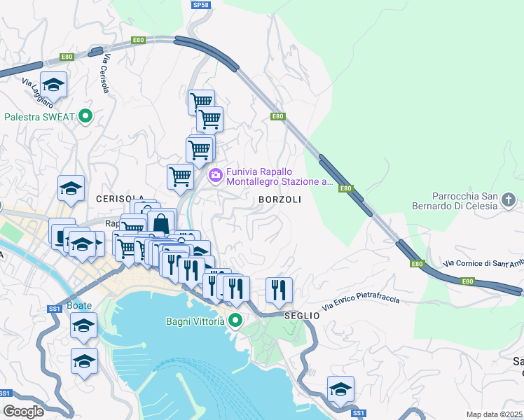map of restaurants, bars, coffee shops, grocery stores, and more near 39 Via Don Giovanni Minzoni in Rapallo
