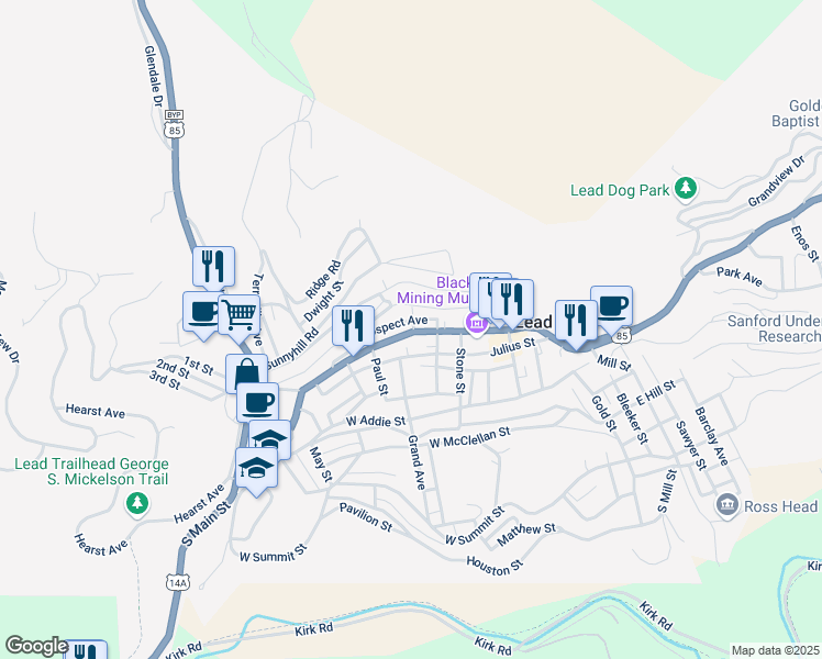 map of restaurants, bars, coffee shops, grocery stores, and more near 602 CanAm Highway in Lead