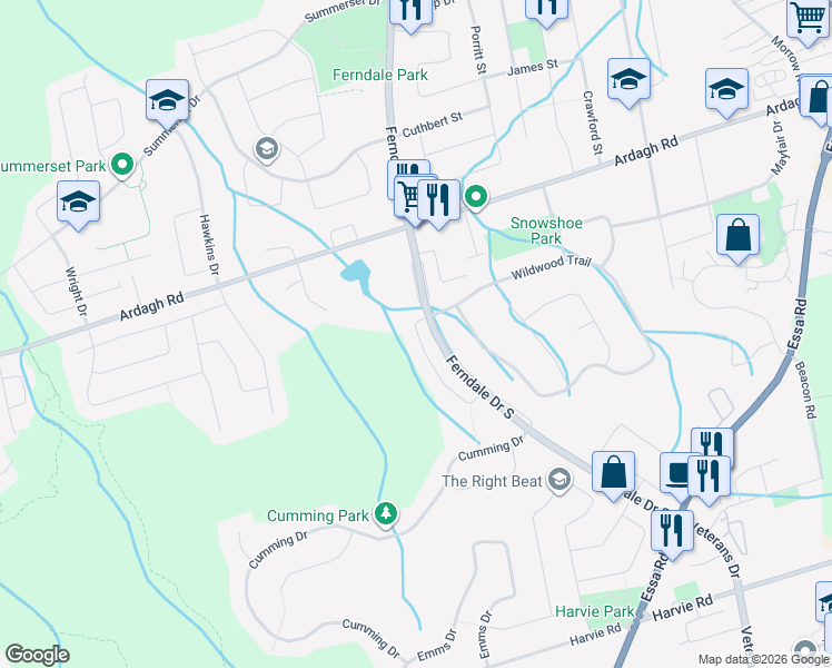 map of restaurants, bars, coffee shops, grocery stores, and more near 31 Hawthorne Crescent in Barrie