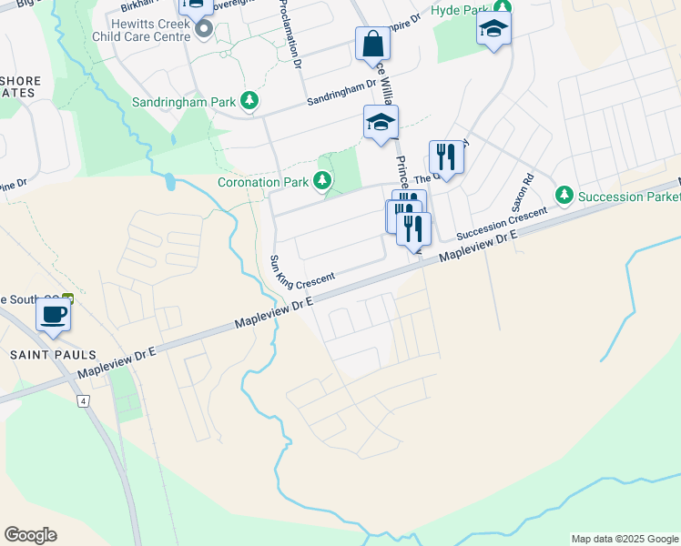 map of restaurants, bars, coffee shops, grocery stores, and more near Sun King Crescent in Barrie