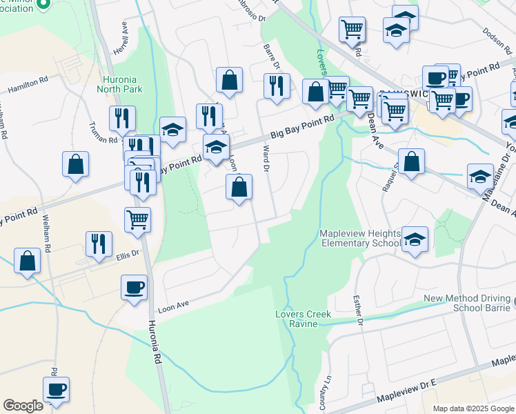 map of restaurants, bars, coffee shops, grocery stores, and more near 65 Loon Avenue in Barrie
