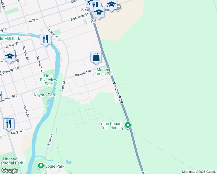 map of restaurants, bars, coffee shops, grocery stores, and more near 50 Ellis Crescent in Kawartha Lakes
