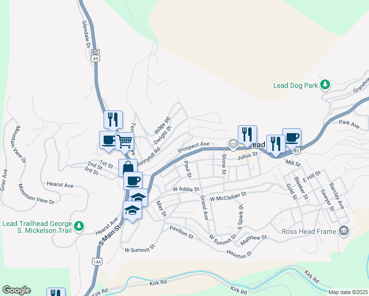 map of restaurants, bars, coffee shops, grocery stores, and more near 634 Railroad Avenue in Lead