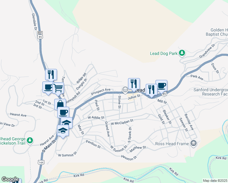 map of restaurants, bars, coffee shops, grocery stores, and more near 420 West Main Street in Lead