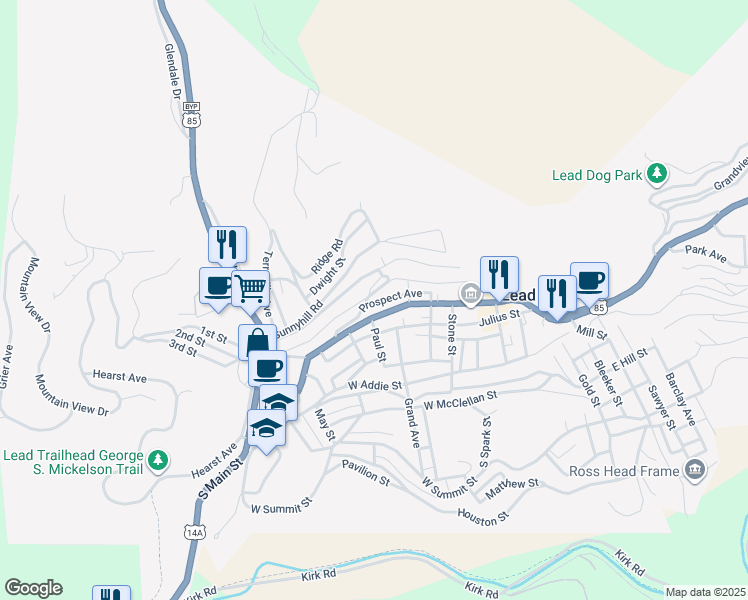 map of restaurants, bars, coffee shops, grocery stores, and more near 634 Railroad Avenue in Lead