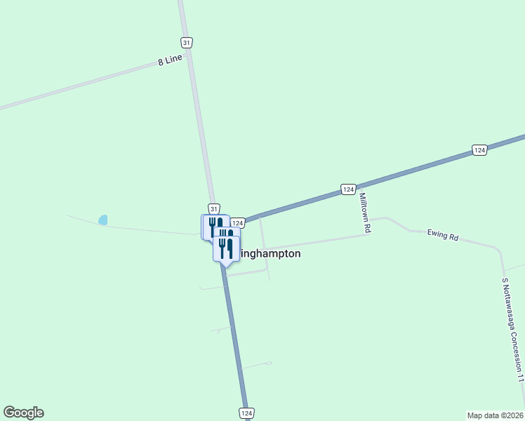 map of restaurants, bars, coffee shops, grocery stores, and more near 1046 Simcoe County Road 124 in Singhampton