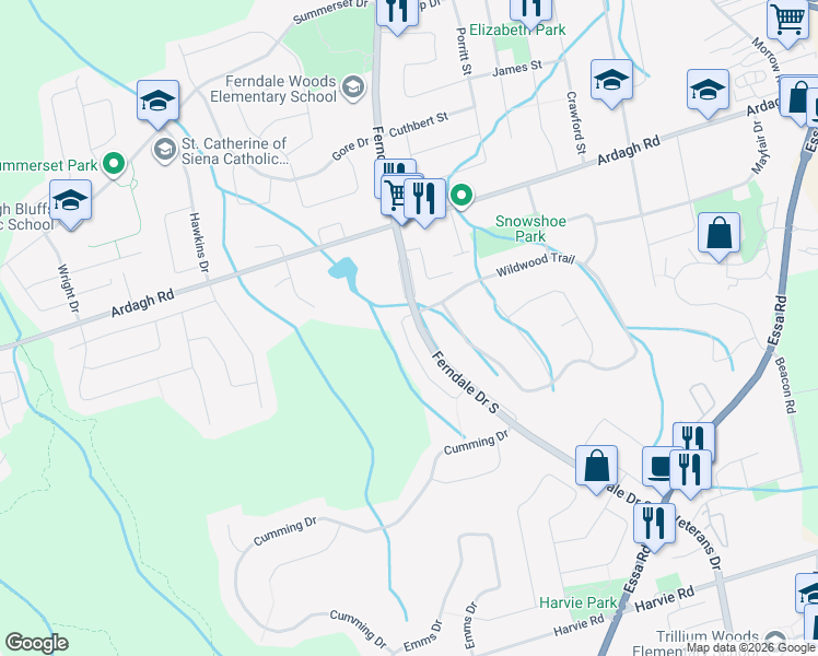 map of restaurants, bars, coffee shops, grocery stores, and more near 31 Hawthorne Crescent in Barrie