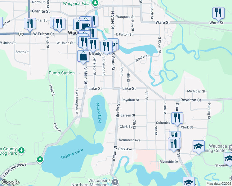 map of restaurants, bars, coffee shops, grocery stores, and more near 610 Berlin Street in Waupaca