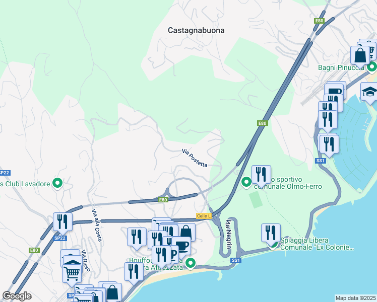 map of restaurants, bars, coffee shops, grocery stores, and more near 24 Via Postetta in Celle Ligure