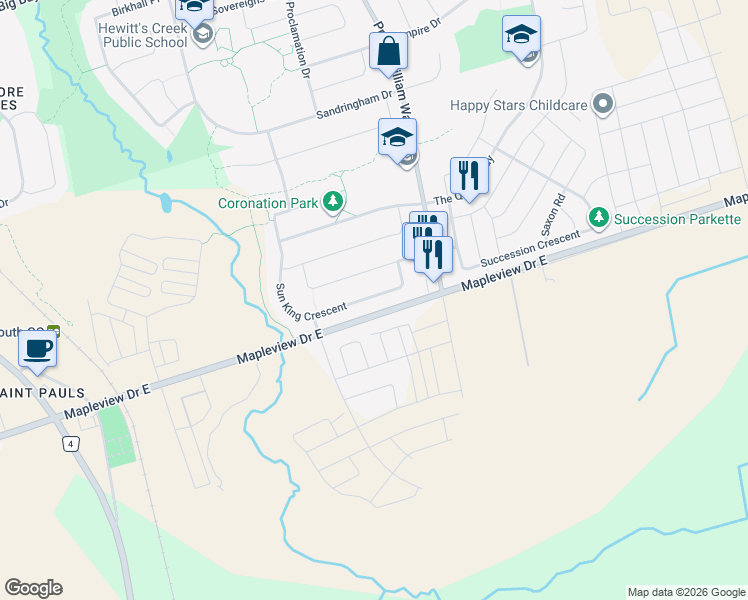 map of restaurants, bars, coffee shops, grocery stores, and more near 106 Sun King Crescent in Barrie