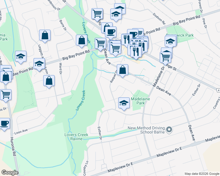 map of restaurants, bars, coffee shops, grocery stores, and more near Raquel Street in Barrie