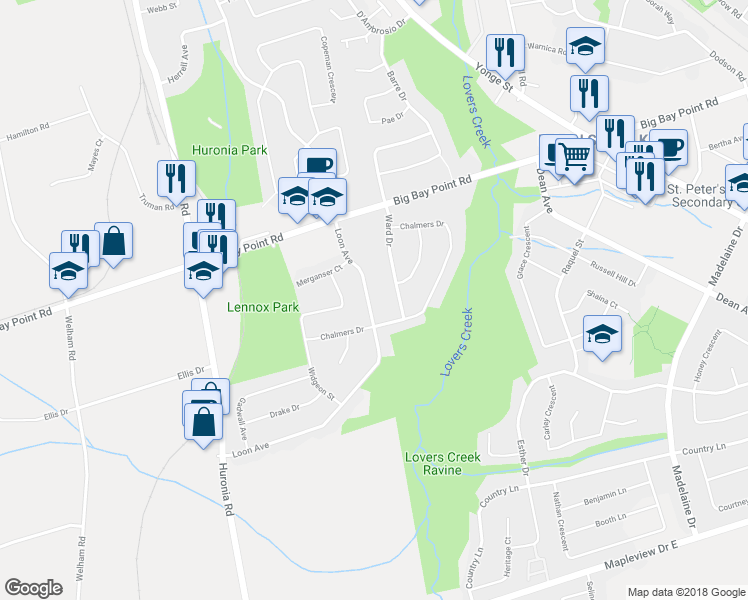 map of restaurants, bars, coffee shops, grocery stores, and more near 63 Loon Avenue in Barrie