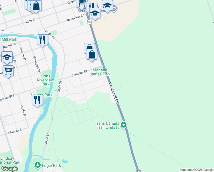 map of restaurants, bars, coffee shops, grocery stores, and more near 50 Ellis Crescent in Kawartha Lakes