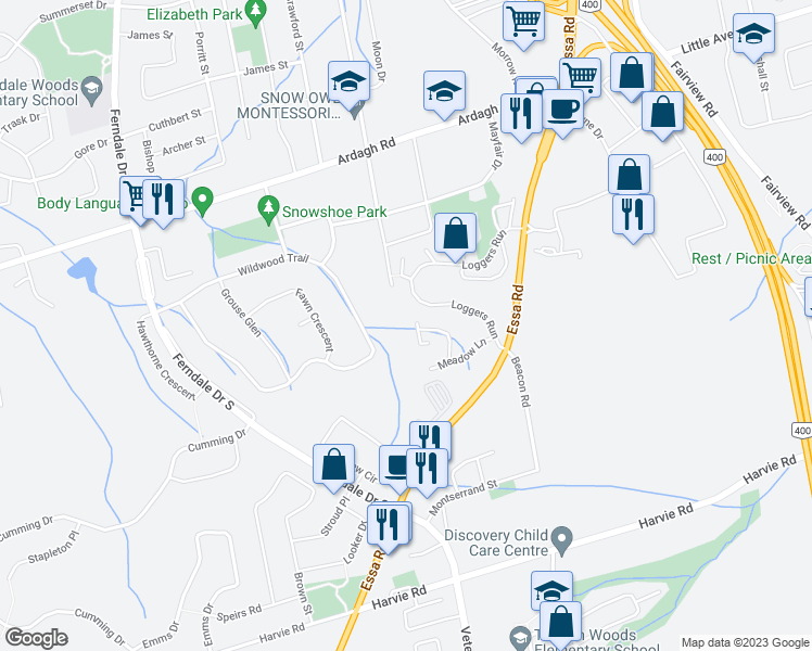 map of restaurants, bars, coffee shops, grocery stores, and more near 50 Shadowood Road in Barrie