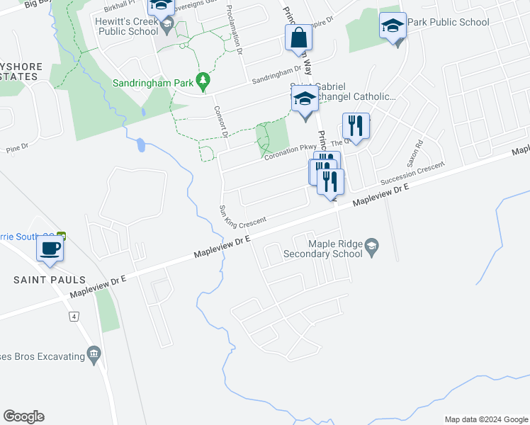 map of restaurants, bars, coffee shops, grocery stores, and more near 91 Sun King Crescent in Barrie