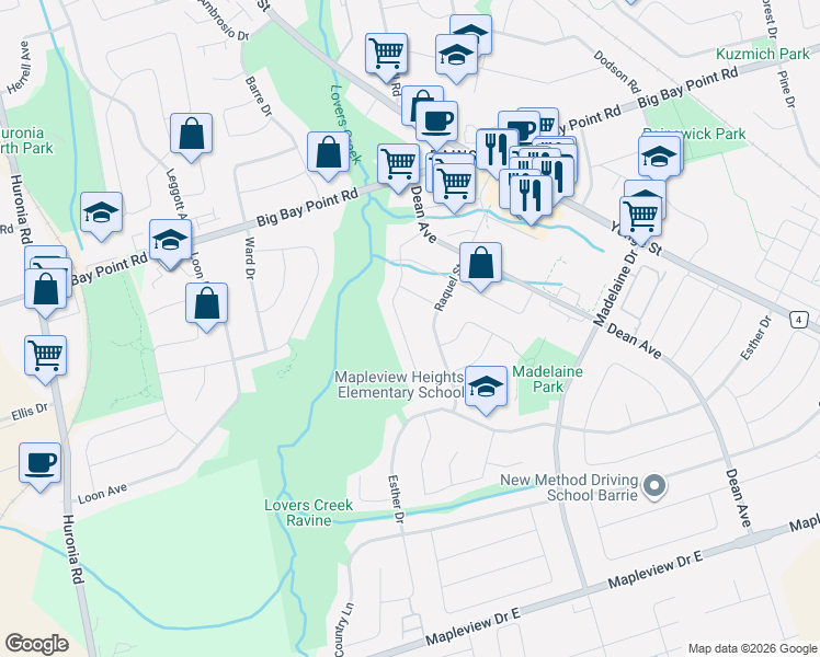 map of restaurants, bars, coffee shops, grocery stores, and more near 68 Grace Crescent in Barrie