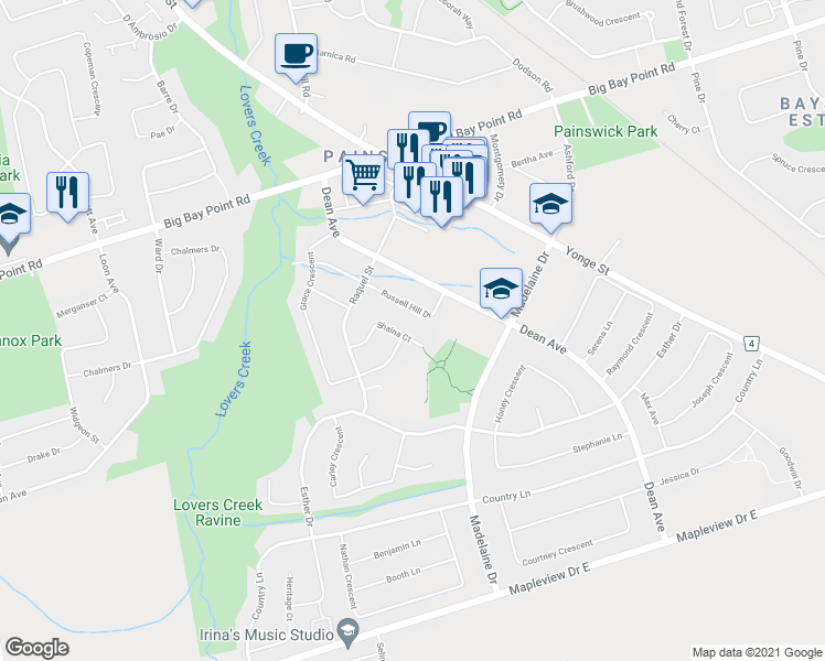 map of restaurants, bars, coffee shops, grocery stores, and more near 38 Shaina Court in Barrie