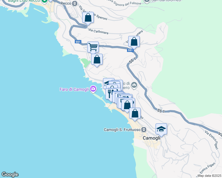 map of restaurants, bars, coffee shops, grocery stores, and more near 43 Via Piero Schiaffino in Camogli