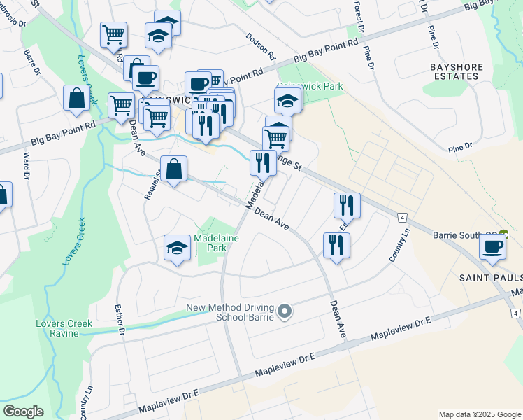 map of restaurants, bars, coffee shops, grocery stores, and more near in Barrie