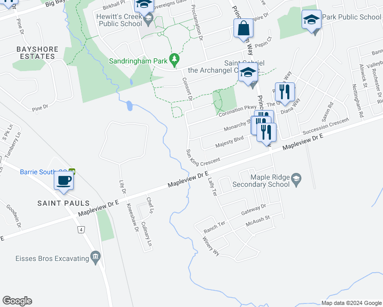 map of restaurants, bars, coffee shops, grocery stores, and more near 59 Sun King Crescent in Barrie