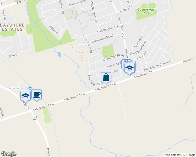 map of restaurants, bars, coffee shops, grocery stores, and more near 20 Majesty Boulevard in Barrie