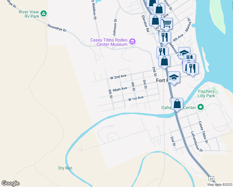 map of restaurants, bars, coffee shops, grocery stores, and more near 6th Street in Fort Pierre