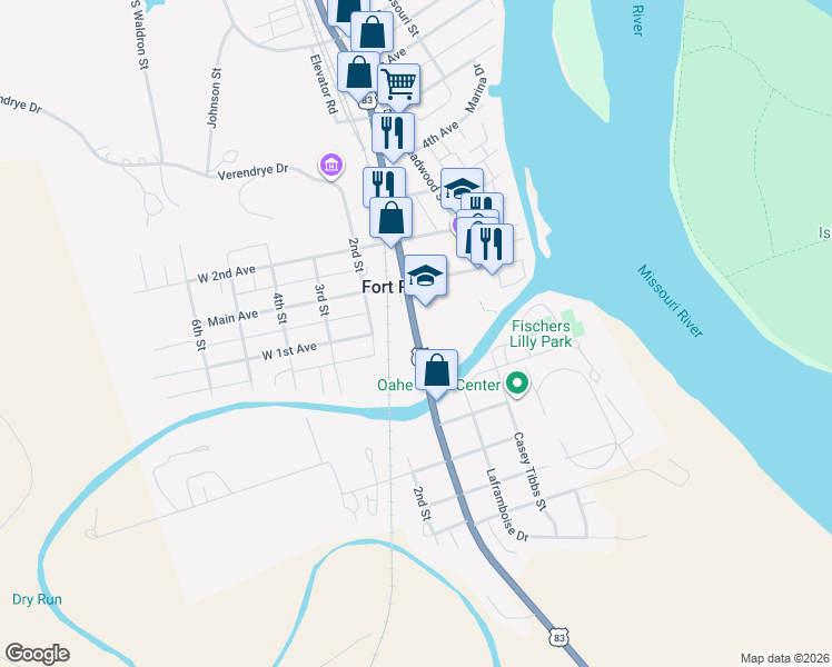 map of restaurants, bars, coffee shops, grocery stores, and more near State Highway 1806 in Fort Pierre