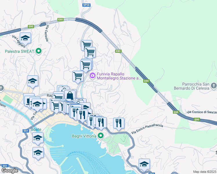 map of restaurants, bars, coffee shops, grocery stores, and more near 39 Via Don Giovanni Minzoni in Rapallo