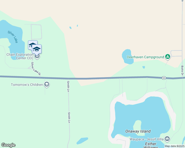 map of restaurants, bars, coffee shops, grocery stores, and more near 1386 Wisconsin 54 Trunk in Waupaca