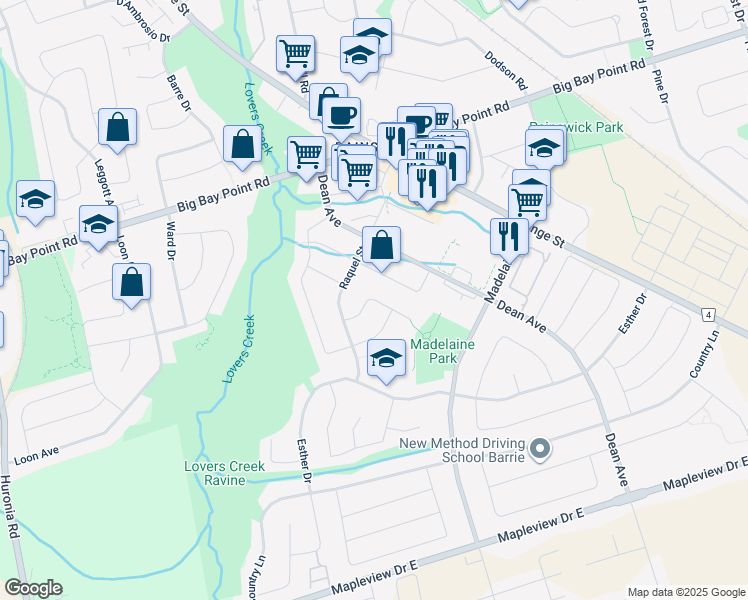 map of restaurants, bars, coffee shops, grocery stores, and more near 17 Shaina Court in Barrie