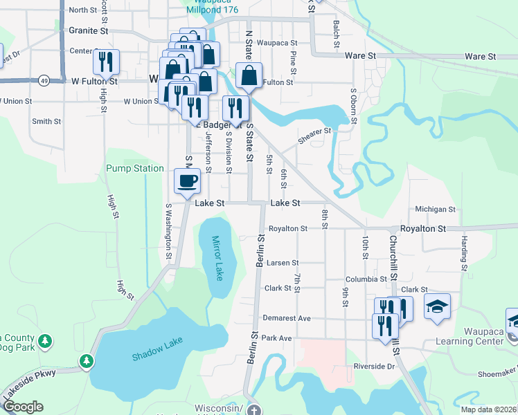 map of restaurants, bars, coffee shops, grocery stores, and more near 610 Berlin Street in Waupaca