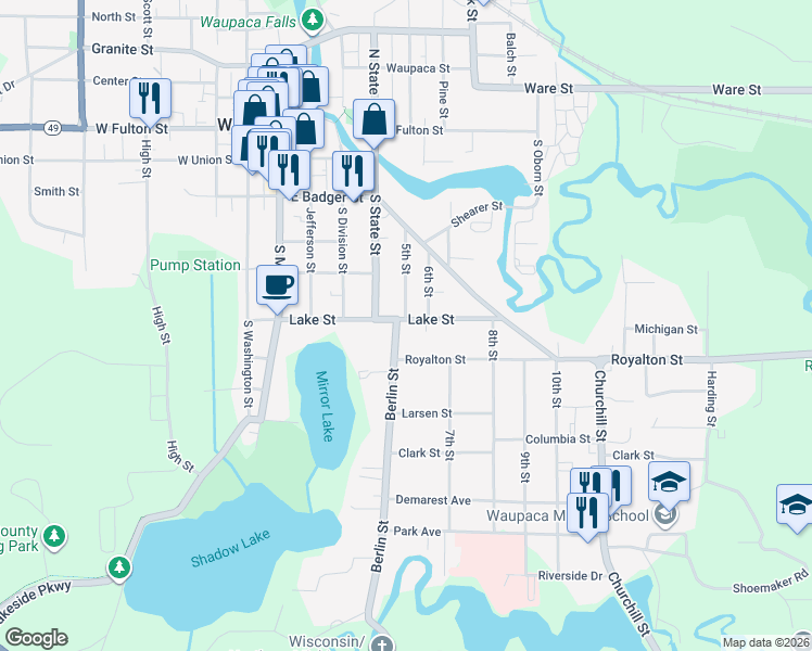 map of restaurants, bars, coffee shops, grocery stores, and more near 610 Berlin Street in Waupaca