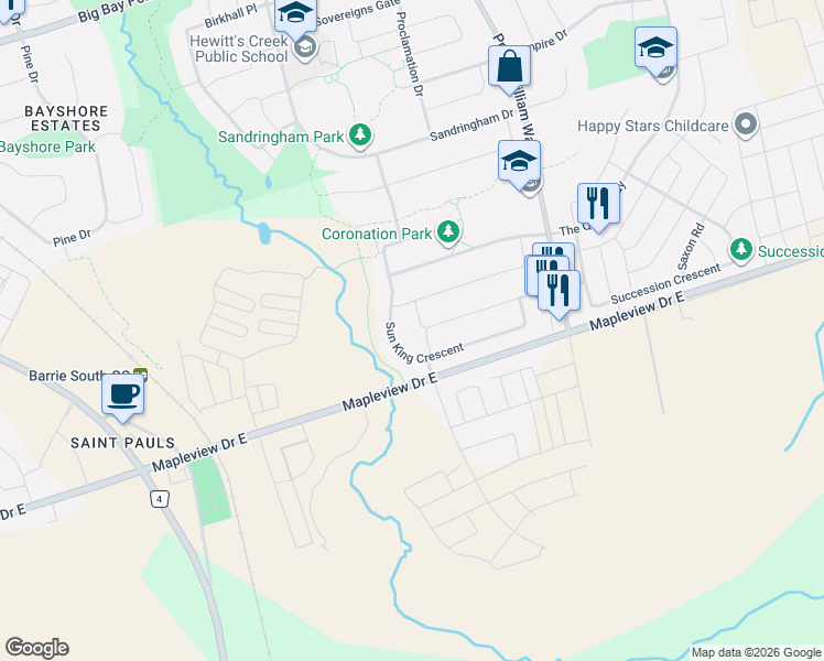map of restaurants, bars, coffee shops, grocery stores, and more near 12 Majesty Boulevard in Barrie
