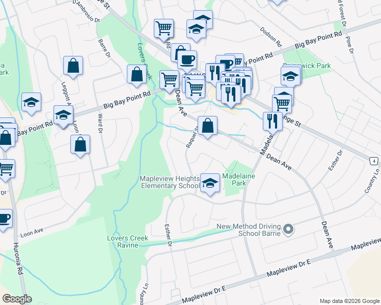 map of restaurants, bars, coffee shops, grocery stores, and more near 35 Raquel Street in Barrie