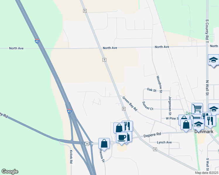 map of restaurants, bars, coffee shops, grocery stores, and more near 725 County Road R in Denmark