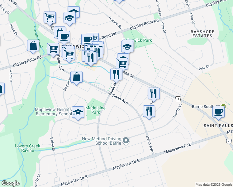 map of restaurants, bars, coffee shops, grocery stores, and more near in Barrie