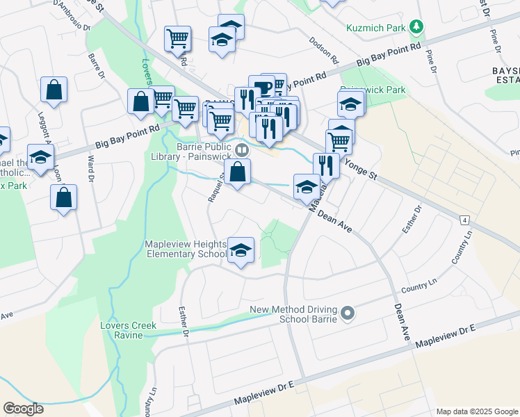 map of restaurants, bars, coffee shops, grocery stores, and more near 67 Russell Hill Drive in Barrie