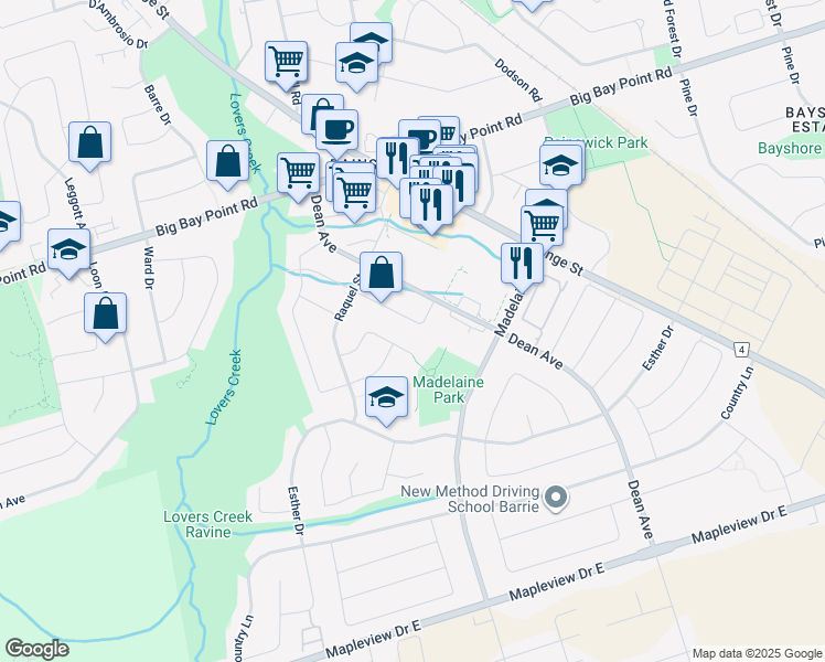 map of restaurants, bars, coffee shops, grocery stores, and more near 65 Russell Hill Drive in Barrie