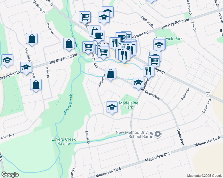 map of restaurants, bars, coffee shops, grocery stores, and more near 28 Shaina Court in Barrie
