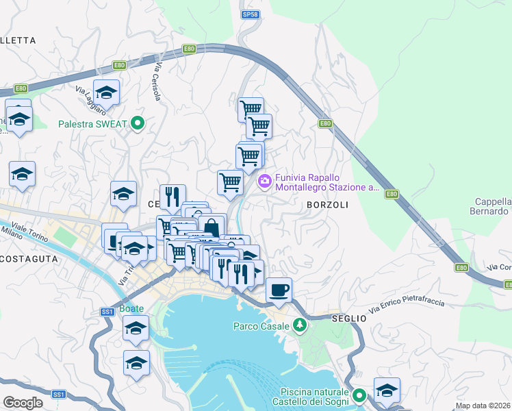 map of restaurants, bars, coffee shops, grocery stores, and more near 36 Via Paolo Tubino in Rapallo