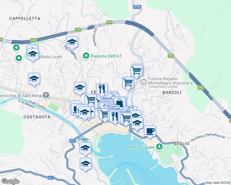 map of restaurants, bars, coffee shops, grocery stores, and more near 2B Via Sant'Antonio Gianelli in Rapallo