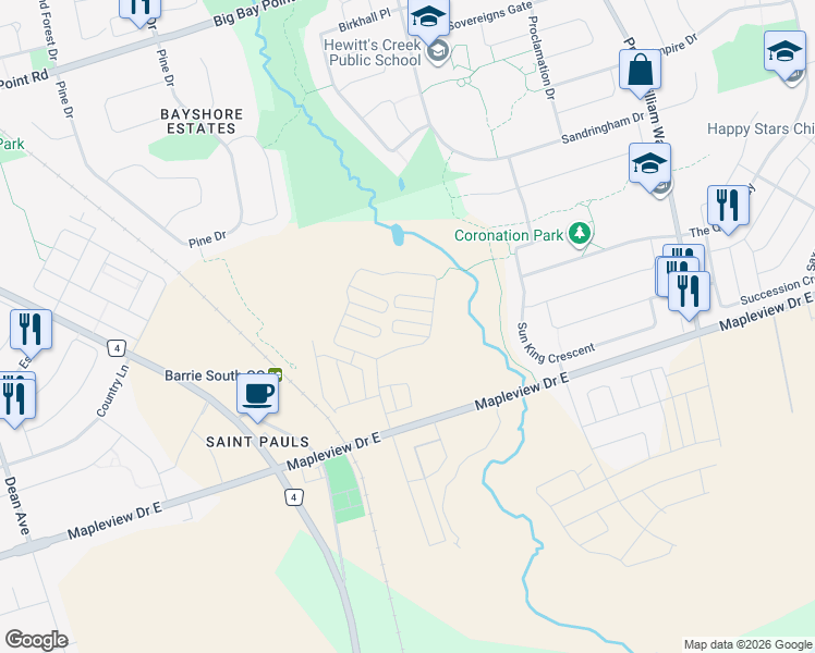 map of restaurants, bars, coffee shops, grocery stores, and more near 46 Spry Lane in Barrie