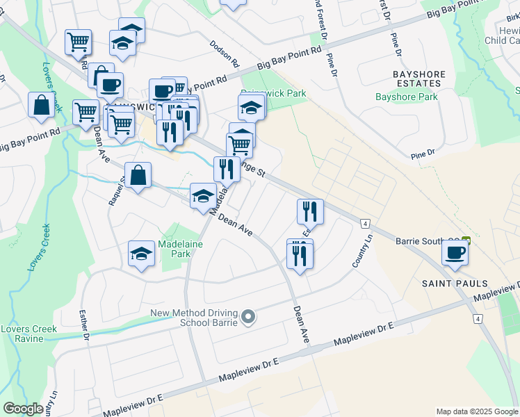 map of restaurants, bars, coffee shops, grocery stores, and more near 21 Raymond Crescent in Barrie