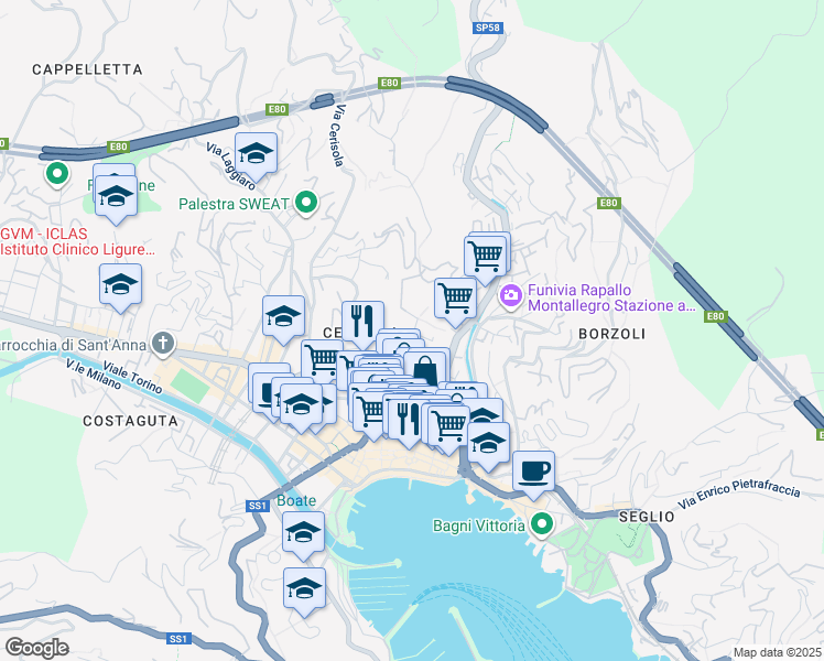 map of restaurants, bars, coffee shops, grocery stores, and more near 2B Via Sant'Antonio Gianelli in Rapallo
