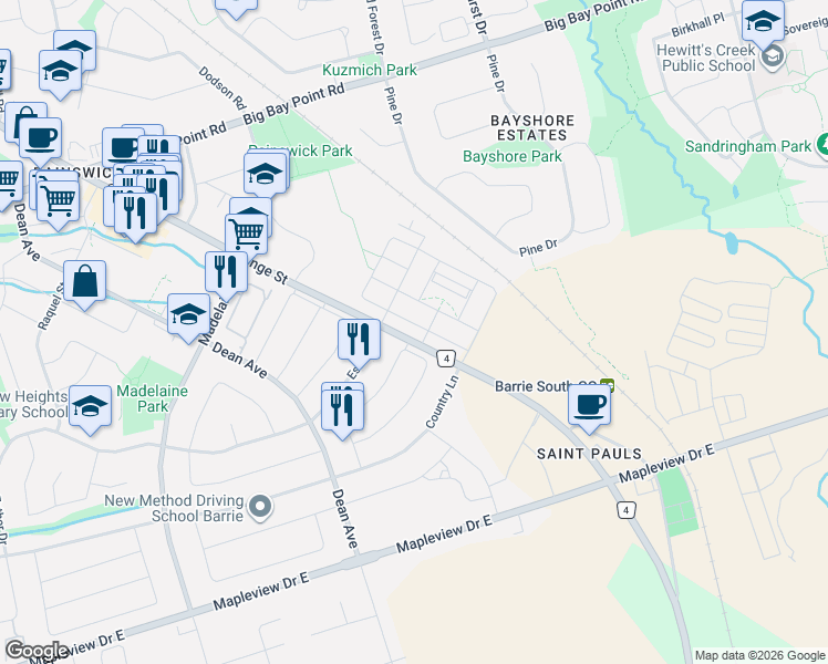map of restaurants, bars, coffee shops, grocery stores, and more near 49 Joseph Crescent in Barrie