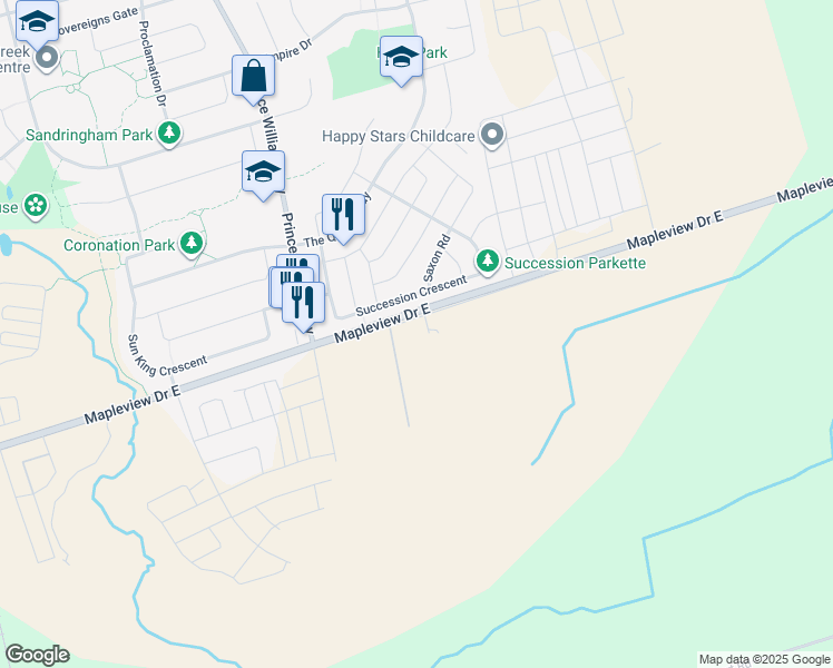map of restaurants, bars, coffee shops, grocery stores, and more near 883 Mapleview Drive East in Barrie