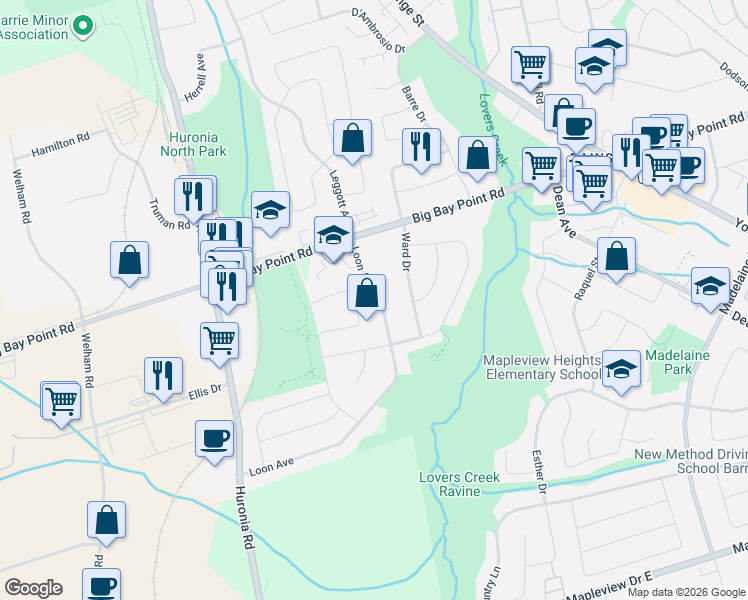 map of restaurants, bars, coffee shops, grocery stores, and more near 63 Loon Avenue in Barrie
