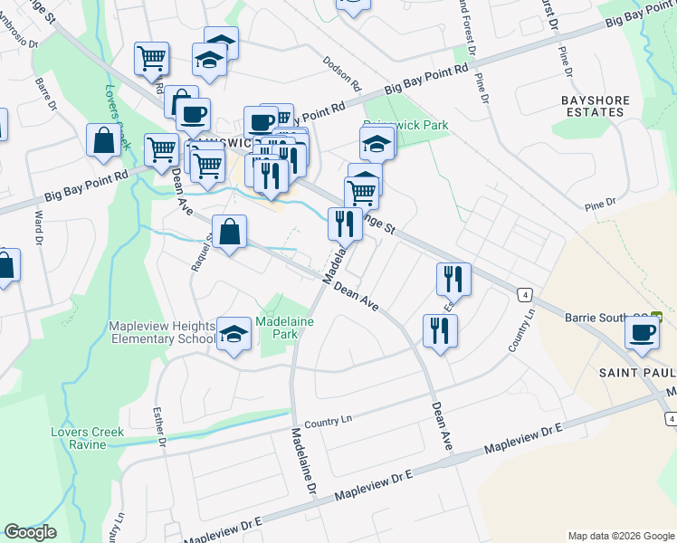 map of restaurants, bars, coffee shops, grocery stores, and more near 106 Dean Avenue in Barrie