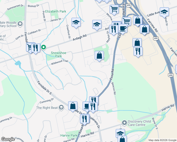 map of restaurants, bars, coffee shops, grocery stores, and more near 47 Loggers Run in Barrie