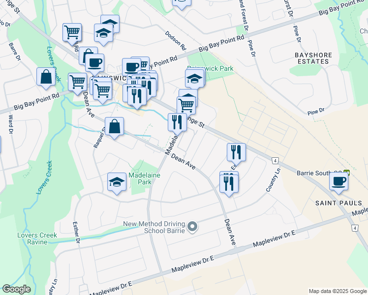 map of restaurants, bars, coffee shops, grocery stores, and more near in Barrie